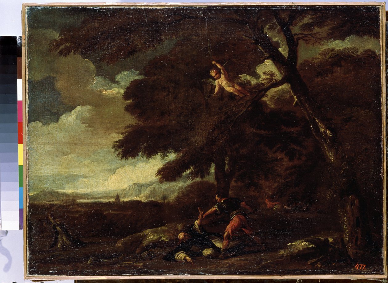 „Śmierć św. Piotra z Weronu” (Zabójstwo św. Piotra Męczennika) Dominikański kaznodzieja Piotr z Werony (Pietro Rosini lub Pietro Martire lub Pietro da Verona) (1205-1252) ginie na drodze z Come do Mediolanu . Obraz Guillaume Courtoi autorstwa Guillaume Courtois