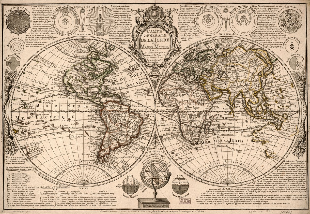 Carte generale de la terre - ou mappe monde auec les quatre principau  sistemes  les figures des sept planetes le tout selon les nouvelles obseruations. LOC 2017585685 autorstwa Guillaume Danet