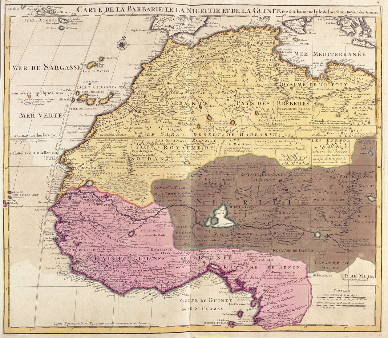 Mapa Barbarii (Maroko, Algieria, Tunezja, Libia), Nigritude (Mali, Burkina Faso, Niger) i Gwinei (Senegal, Gwinea, Sierra Leone, Liberia, Wybrzeże Kości Słoniowej, Ghana, Togo, Benin, Nigeria) (akwaforta autorstwa Guillaume Delisle