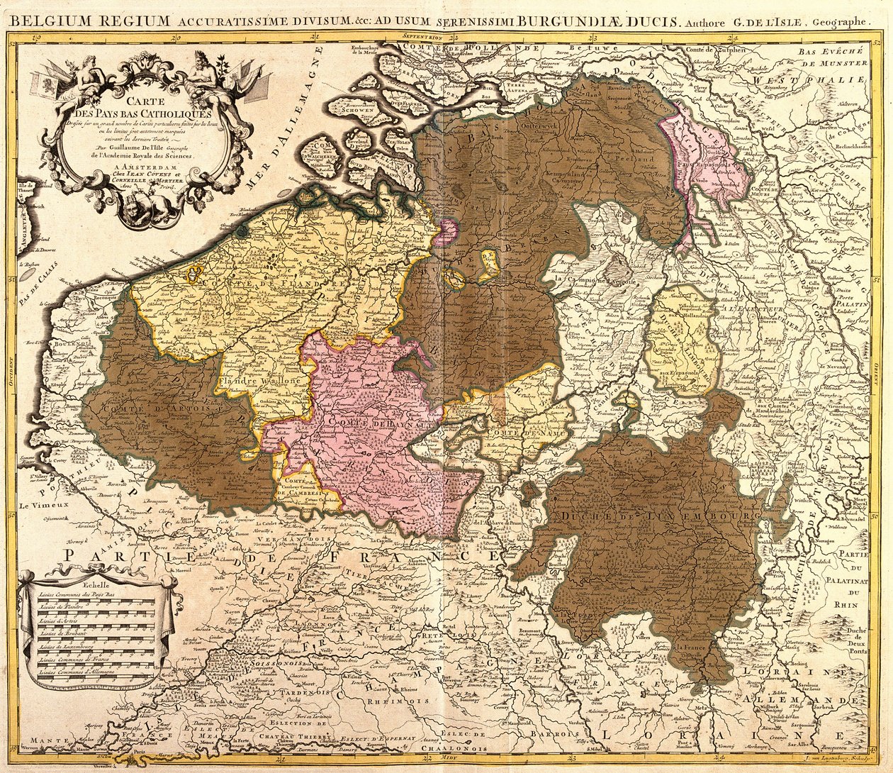 Mapa katolickich Holandii (Belgia i Luksemburg) (akwaforta autorstwa Guillaume Delisle