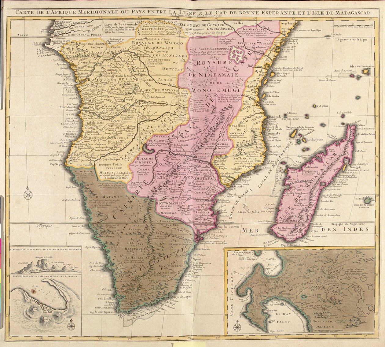 Mapa Afryki południkowej (Angola, Namibia, Zambia, Zimbabwe, Mozambik, RPA) z wyspą Madagaskar (akwaforta autorstwa Guillaume Delisle
