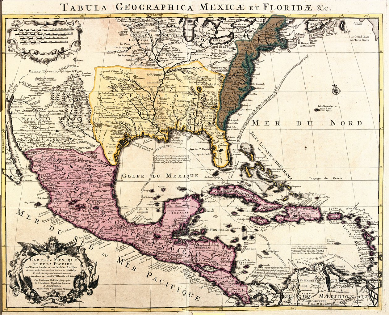 Mapa Meksyku i Florydy (USA) z Karaibami (Kuba, Haiti, Jamajka, Antyle) (akwaforta autorstwa Guillaume Delisle
