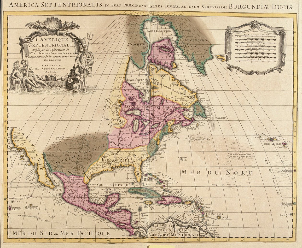 Mapa Ameryki Północnej (Grenlandia, Kanada, USA, Meksyk i Wyspy Karaibskie: Kuba, Haiti, Jamajka, Indie Zachodnie) (akwaforta autorstwa Guillaume Delisle