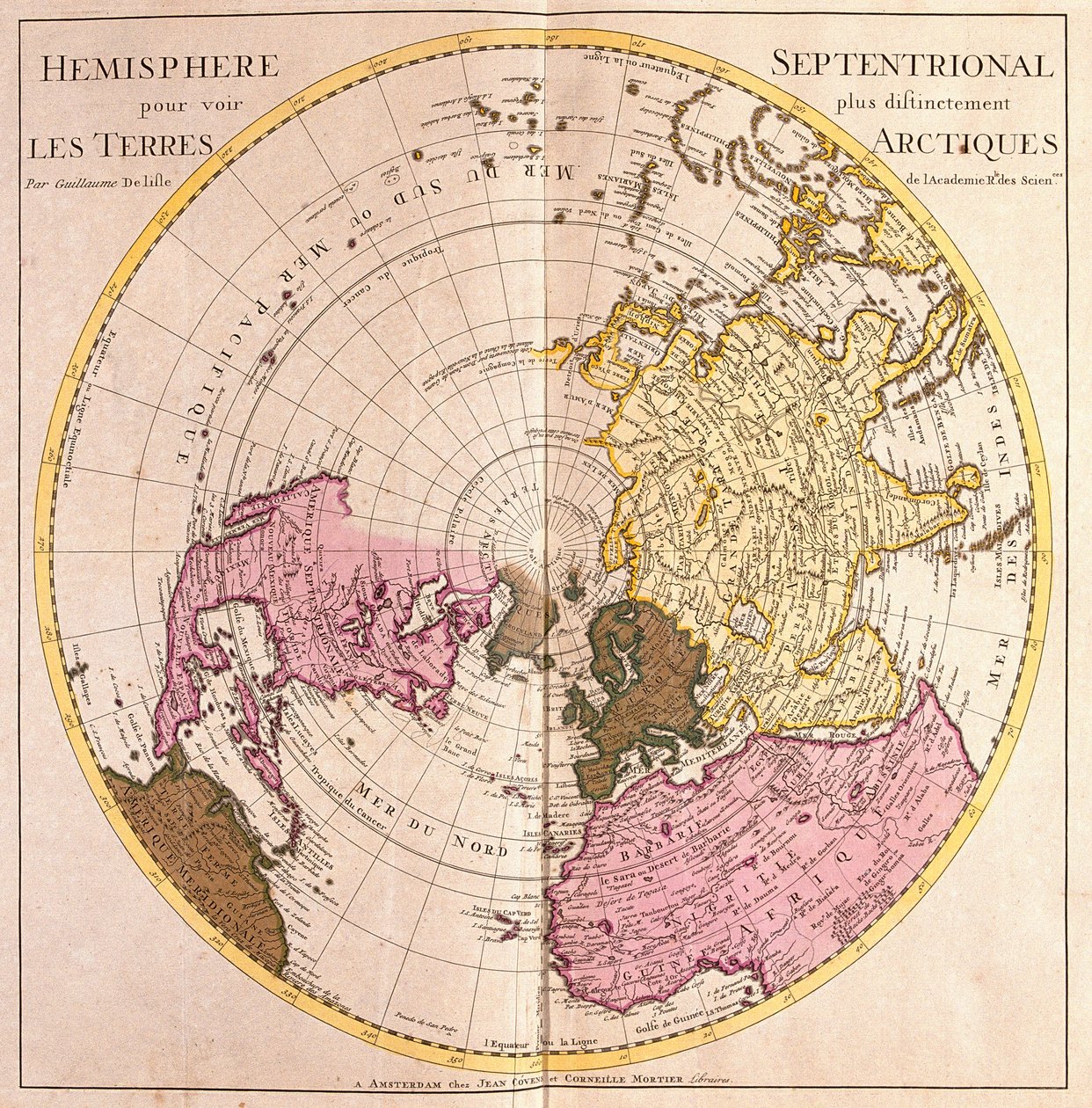 Mapa półkuli północnej, opis lądu arktycznego (silna woda) autorstwa Guillaume Delisle