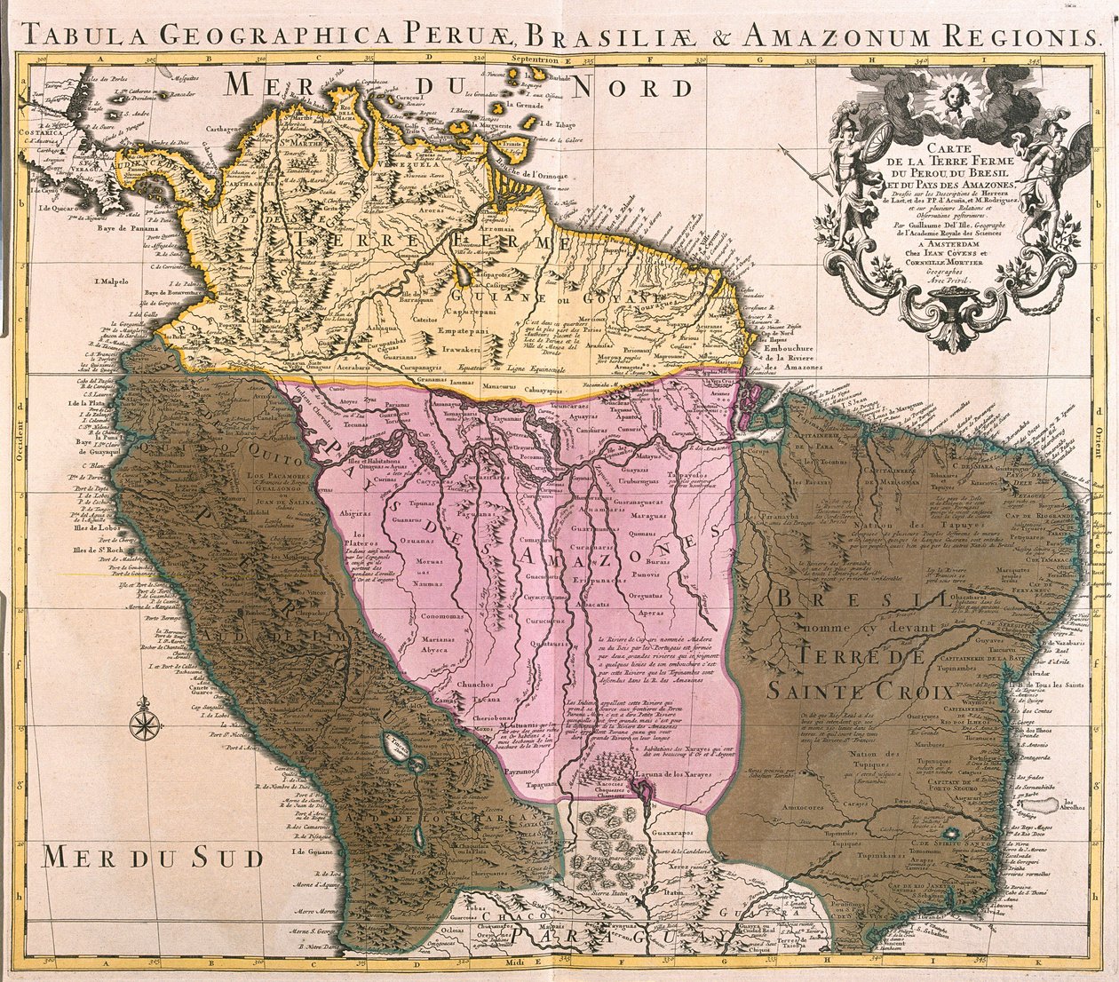 Mapa Peru, Gujany, Brazylii i Amazonii (akwaforta autorstwa Guillaume Delisle