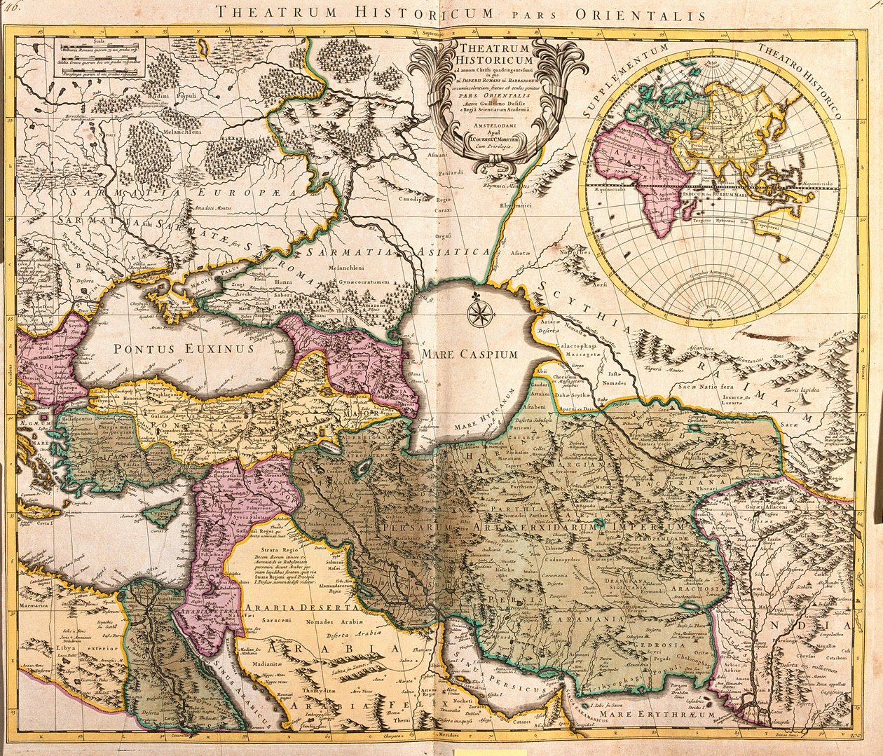 Mapa sąsiednich krajów Morza Kaspijskiego (Rosja, Armenia, Persja, Kazachstan, Turkmenistan) (akwaforta autorstwa Guillaume Delisle
