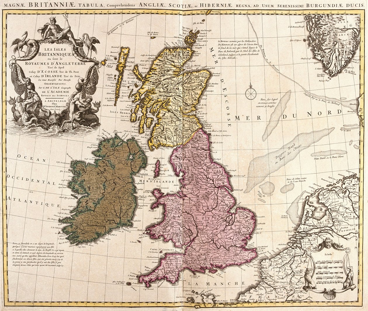 Mapa Wysp Brytyjskich, Królestwa Anglii, Szkocji i Irlandii (akwaforta autorstwa Guillaume Delisle