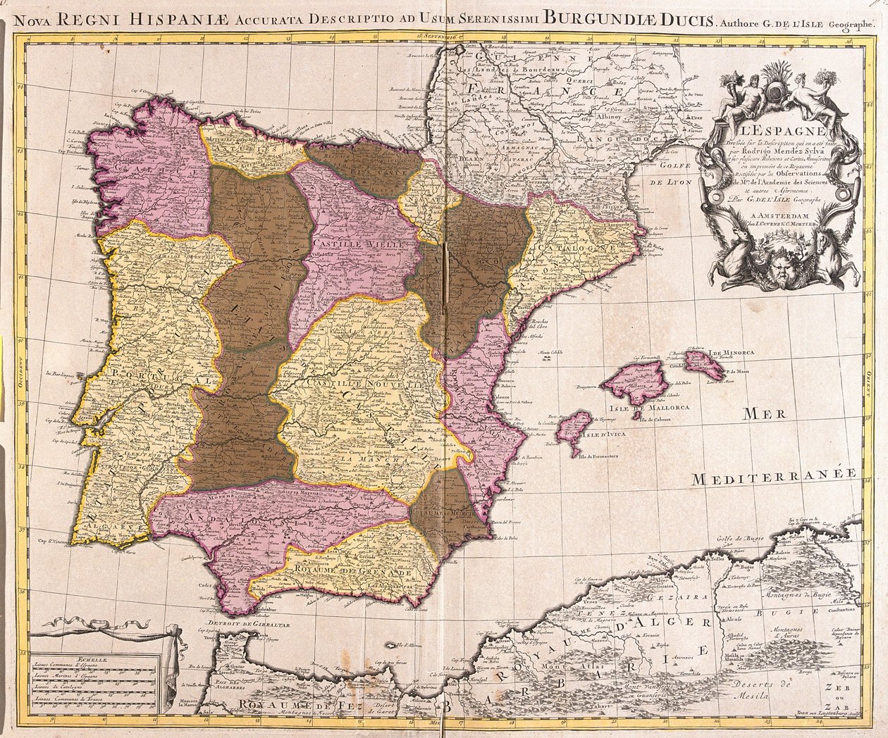 Mapa Półwyspu Iberyjskiego, Królestwa Portugalii i Hiszpanii (akwaforta autorstwa Guillaume Delisle