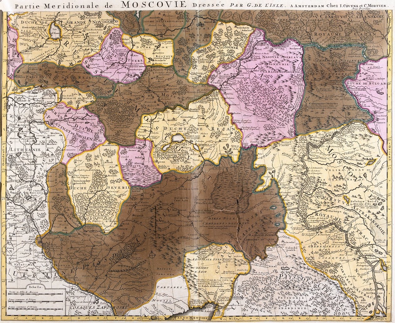 Mapa południkowej części wielkiego księstwa moskiewskiego (Rosja) (akwaforta autorstwa Guillaume Delisle