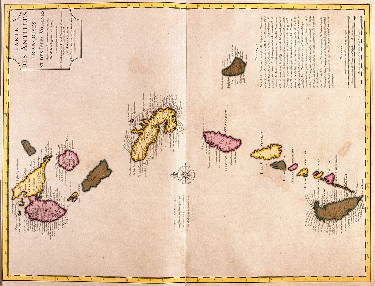 Mapy Wysp Karaibskich (Gwadelupa, Marie Galante, Dominika, Martynika, Saint Lucia, Saint Vincent, Barbados, Grenadyny i Grenada) (akwaforta autorstwa Guillaume Delisle
