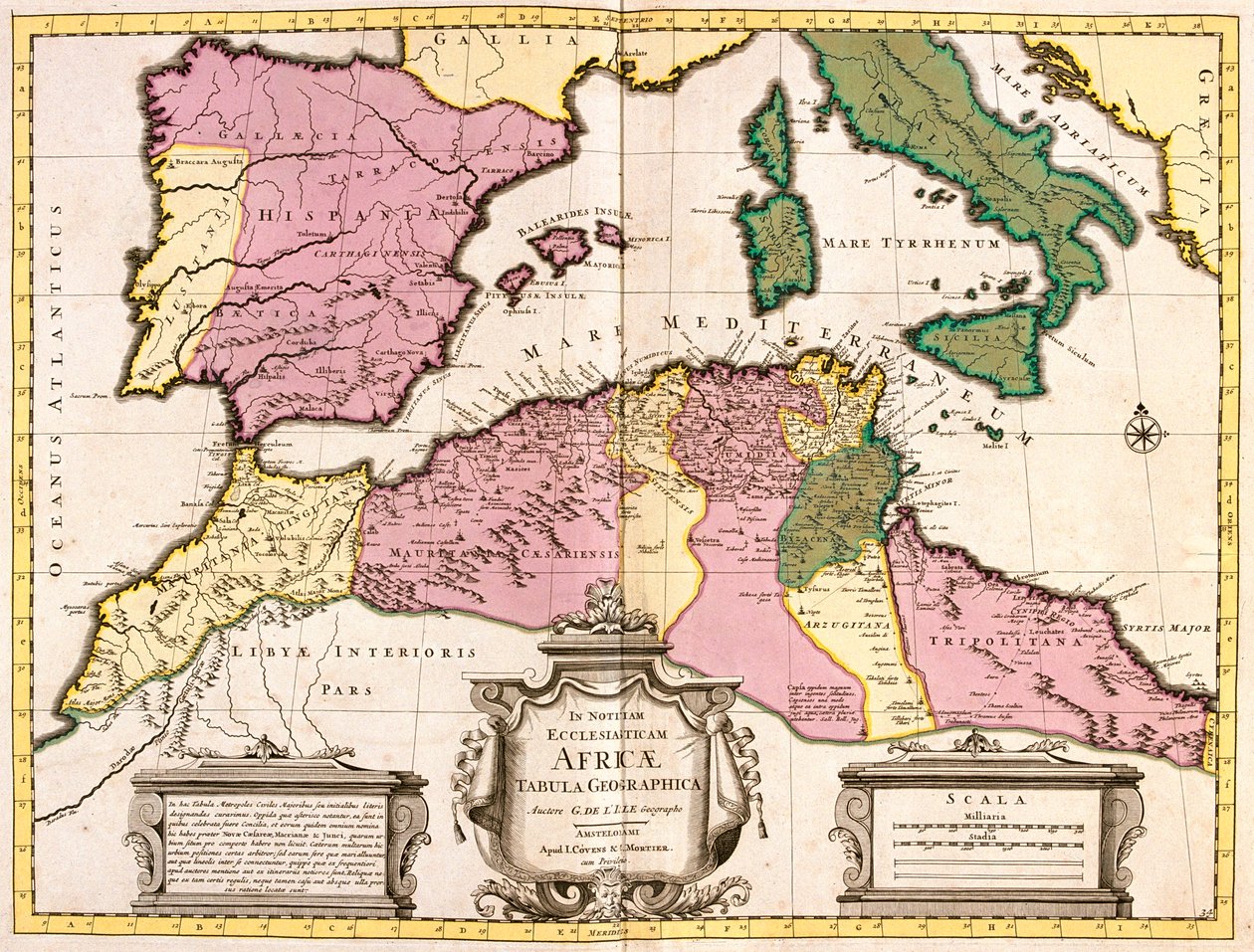 Maroko, północna Algieria, Tunezja, północno-zachodnia Libia, Hiszpania, Portugalia, Włochy (z wyjątkiem północy) autorstwa Guillaume Delisle