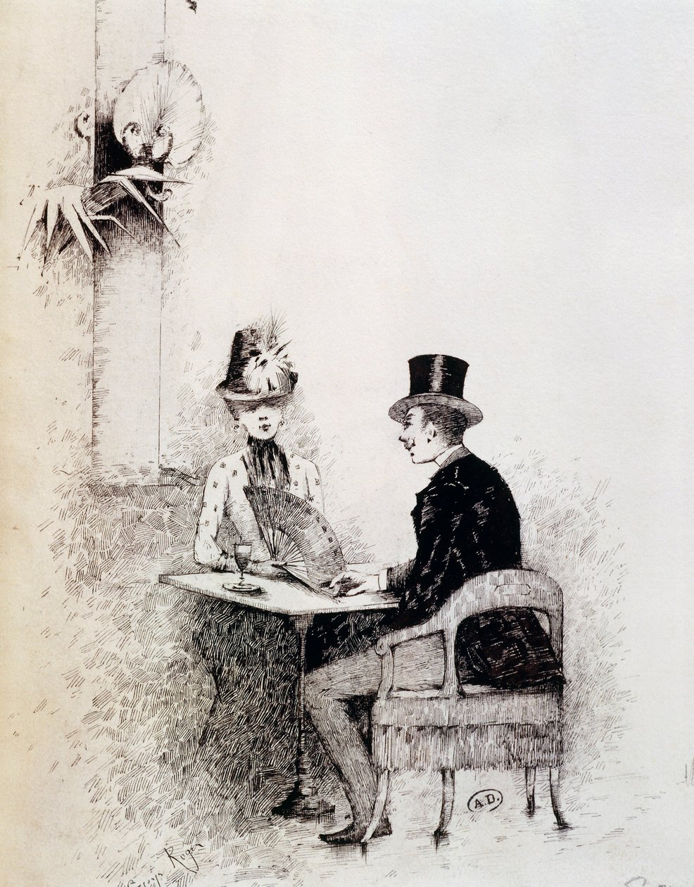 Para w paryskiej kawiarni (atrament na papierze) autorstwa Guillaume Georges Roger