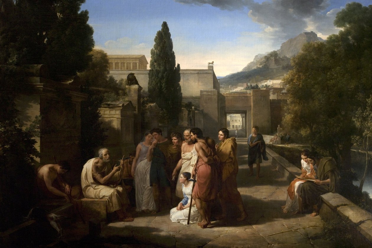 Homer śpiewa swoją Iliadę przy Bramie Aten, 1811 autorstwa Guillaume Guillon Lethière