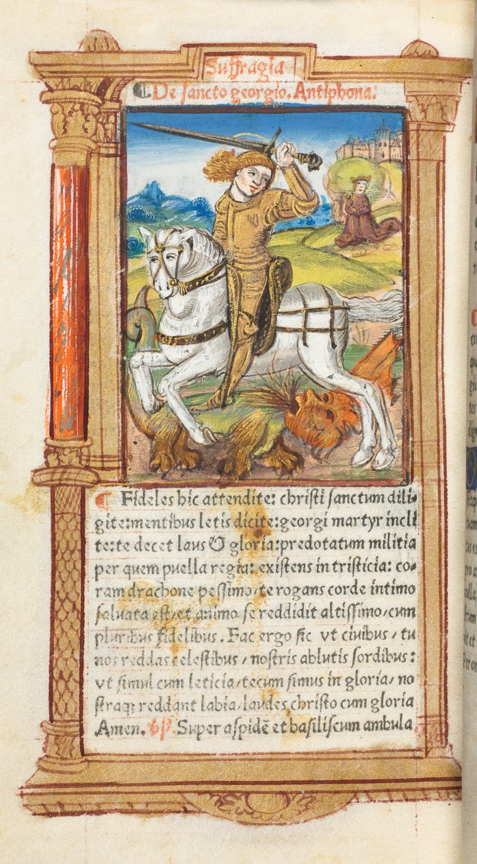 Drukowana księga godzin (użytek rzymski): fol. 103v, św. Jerzy zabijający smoka autorstwa Guillaume Le Rouge