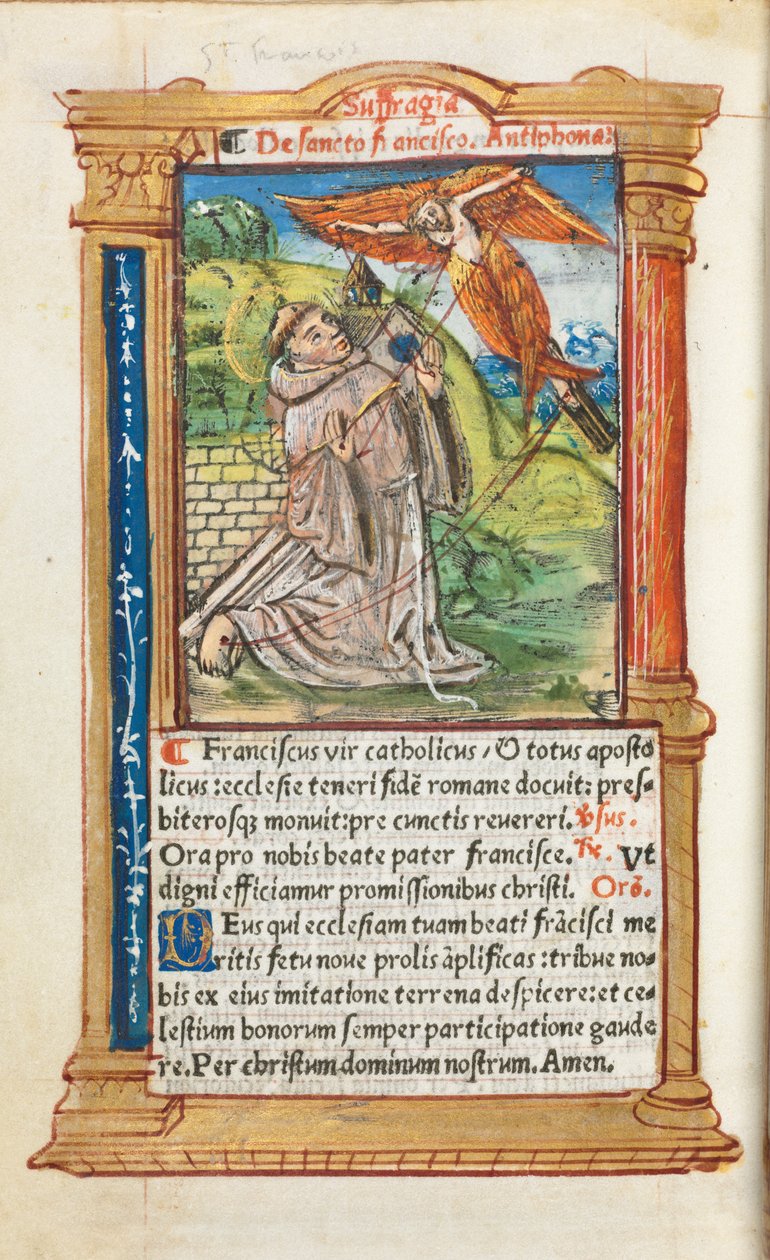 Drukowana księga godzin (do użytku rzymskiego): fol. 106v, św. Franciszek z Asyżu autorstwa Guillaume Le Rouge