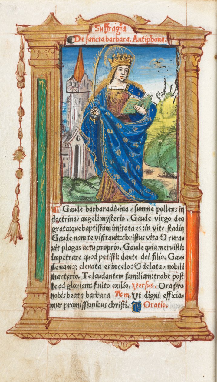 Drukowana księga godzin (do użytku rzymskiego): fol. 110v, św. Barbara autorstwa Guillaume Le Rouge