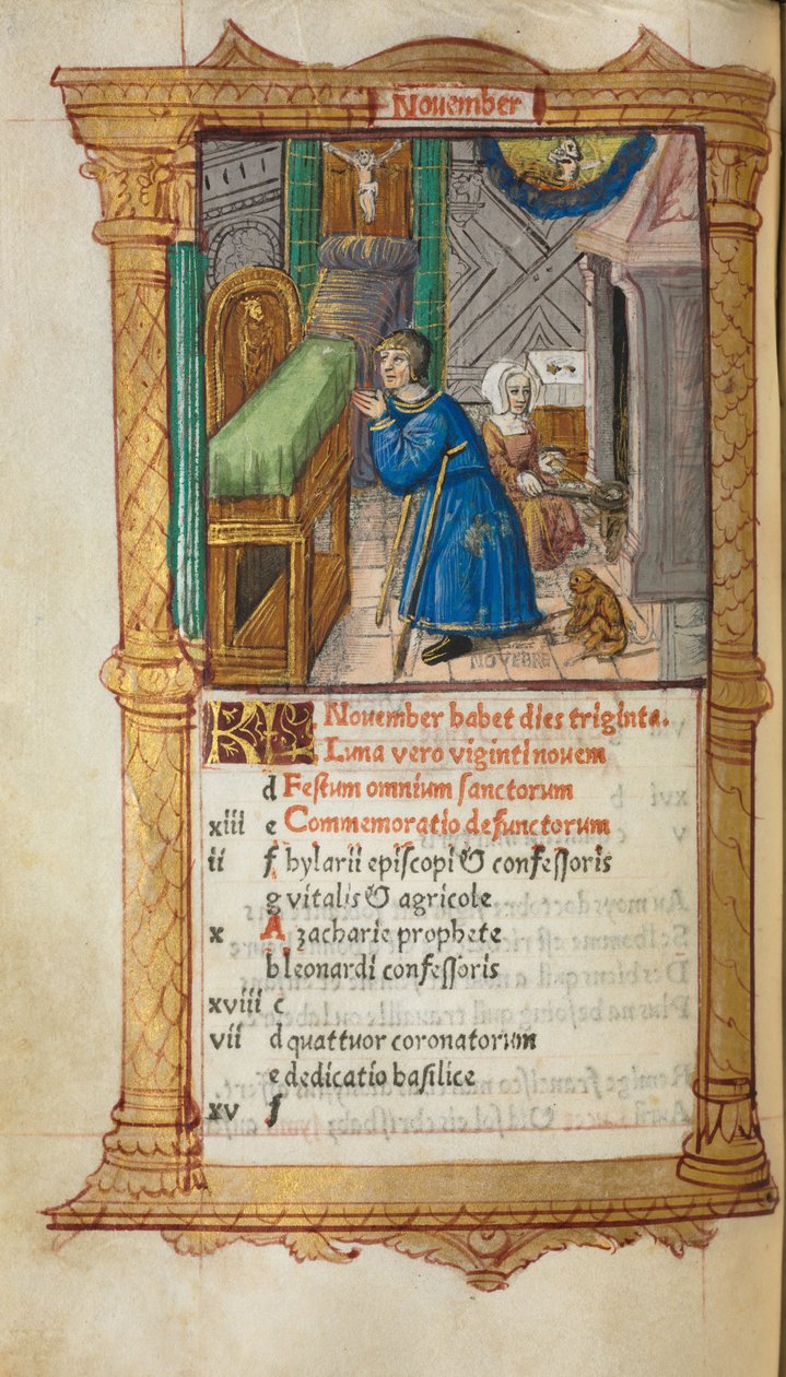 Drukowana księga godzin (do użytku rzymskiego): fol. 12v, strona kalendarza listopadowego autorstwa Guillaume Le Rouge