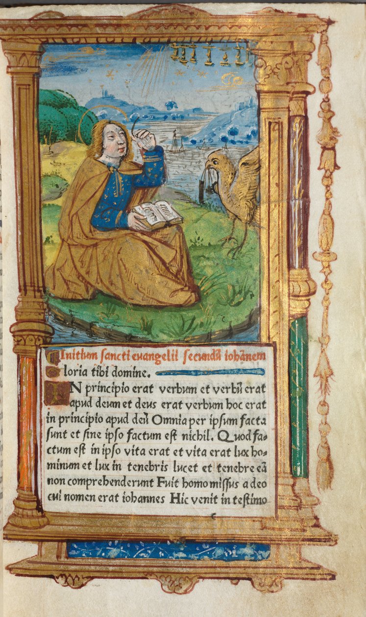 Drukowana księga godzin (do użytku rzymskiego): fol. 17r, św. Jan na Patmos autorstwa Guillaume Le Rouge
