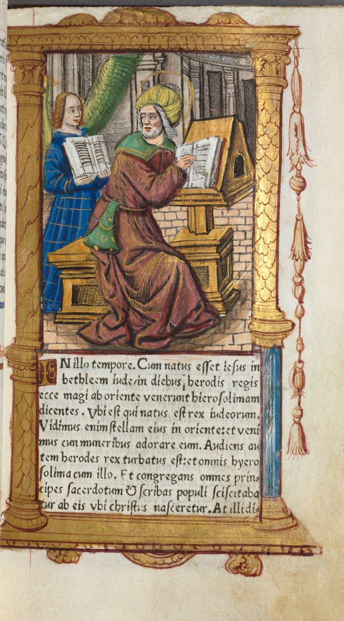 Drukowana księga godzin (do użytku rzymskiego): fol. 19r, św. Mateusz autorstwa Guillaume Le Rouge