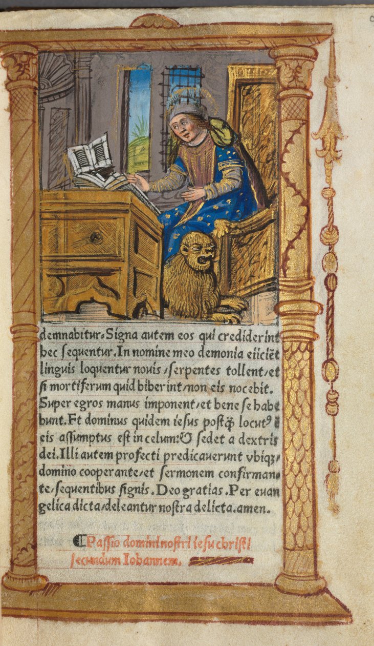 Drukowana księga godzin (do użytku rzymskiego): fol. 20r, św. Marek autorstwa Guillaume Le Rouge