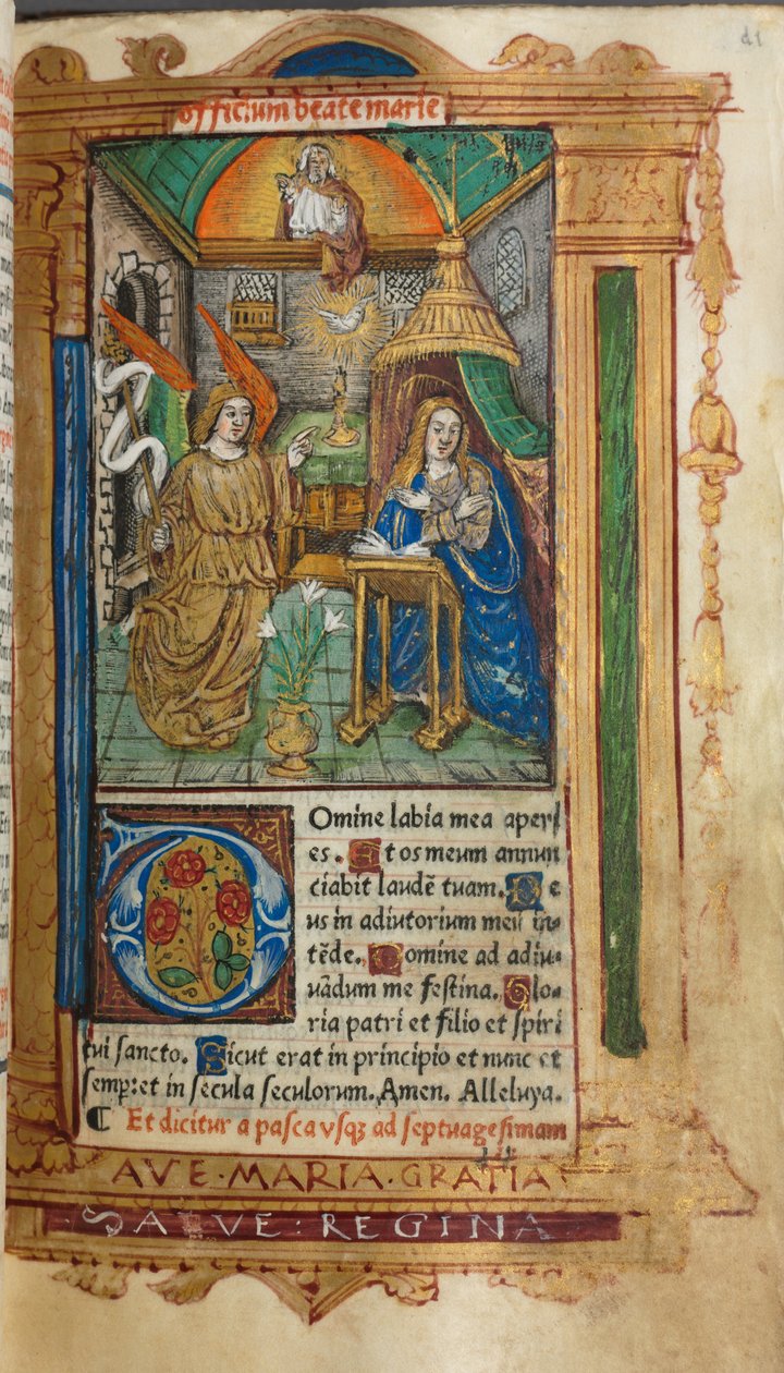 Drukowana księga godzin (do użytku rzymskiego): fol. 25r, Zwiastowanie autorstwa Guillaume Le Rouge