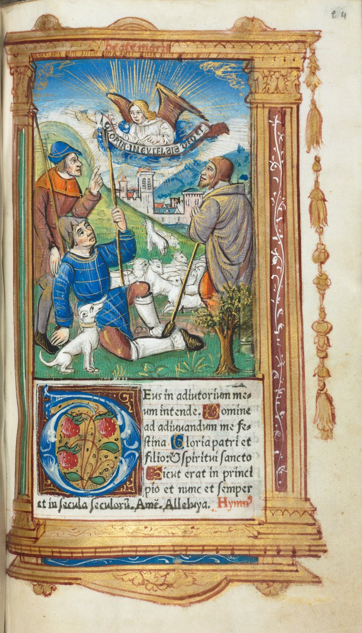 Drukowana księga godzin (do użytku rzymskiego): fol. 36r, Zwiastowanie pasterzom autorstwa Guillaume Le Rouge