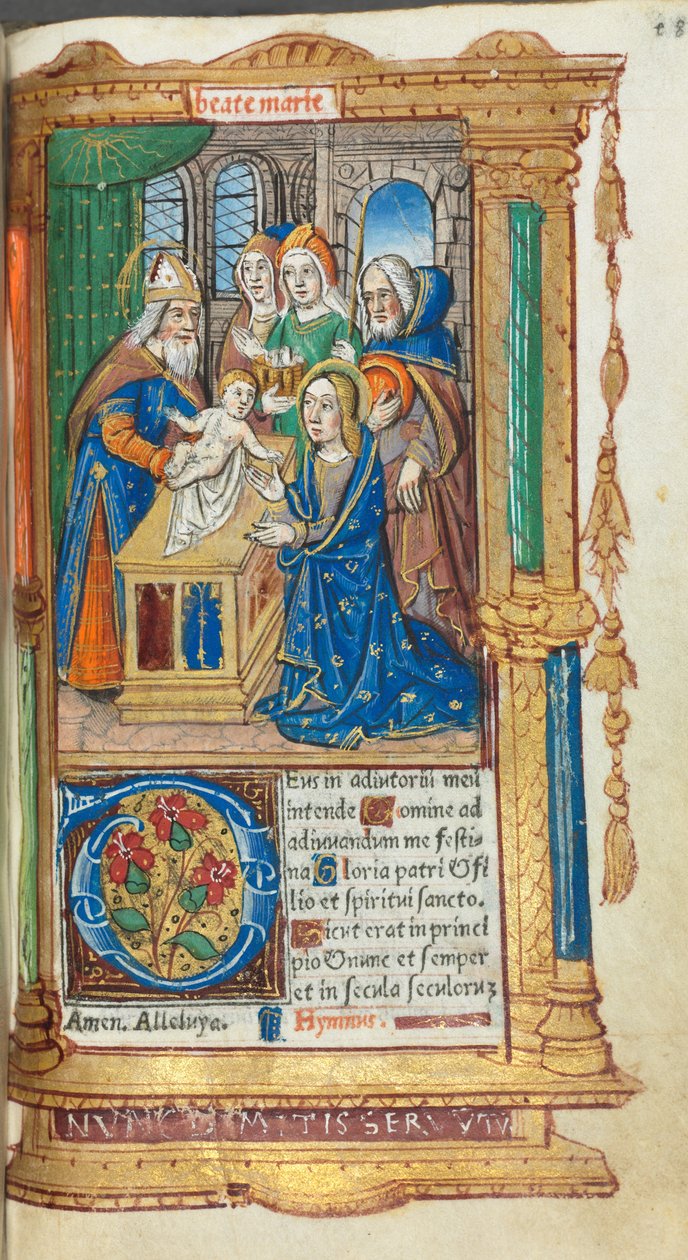 Drukowana księga godzin (do użytku rzymskiego): fol. 40r, Ofiarowanie w świątyni autorstwa Guillaume Le Rouge