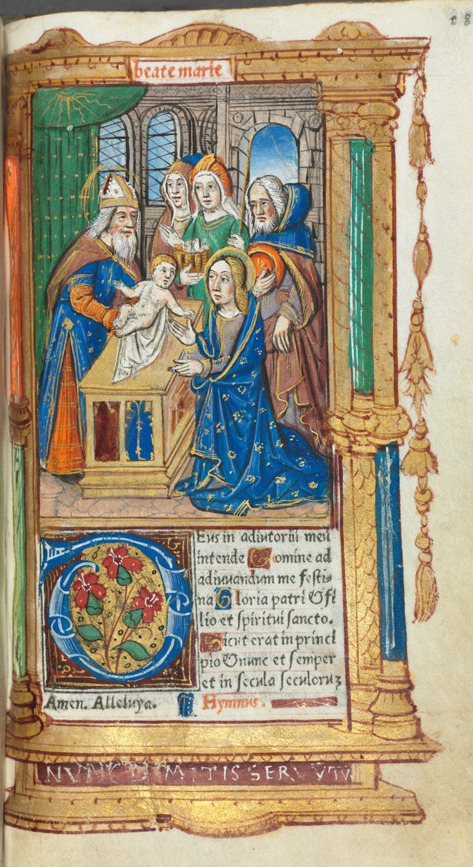 Drukowana księga godzin (do użytku rzymskiego): fol. 40r, Ofiarowanie w świątyni autorstwa Guillaume Le Rouge