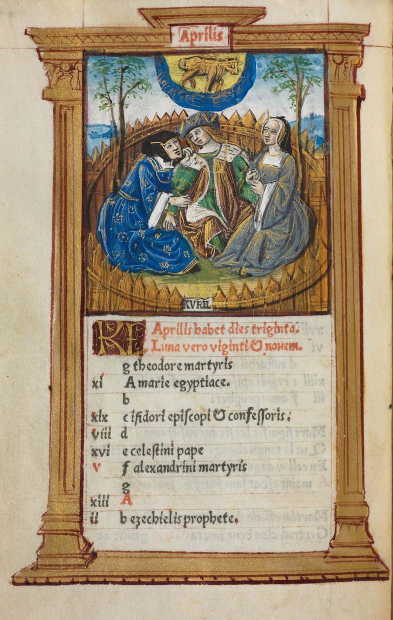 Drukowana księga godzin (użytek rzymski): fol. 5v, ilustracja kalendarza kwietniowego autorstwa Guillaume Le Rouge