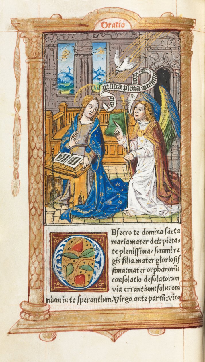 Drukowana księga godzin (do użytku rzymskiego): fol. 60v, Zwiastowanie autorstwa Guillaume Le Rouge