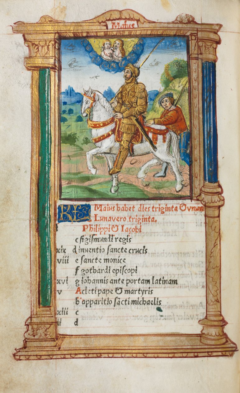 Drukowana księga godzin (do użytku rzymskiego): fol. 6v, ilustracja kalendarza majowego autorstwa Guillaume Le Rouge