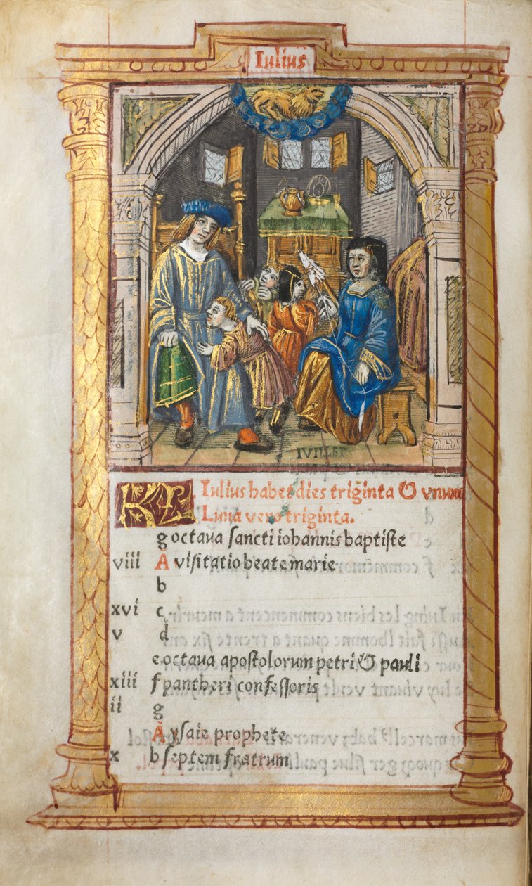 Drukowana księga godzin (do użytku rzymskiego): fol. 8v, ilustracja kalendarza lipcowego autorstwa Guillaume Le Rouge