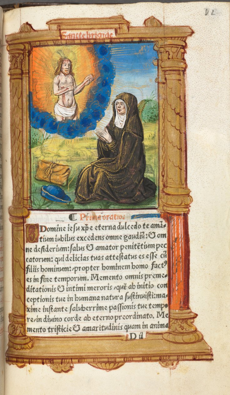 Drukowana księga godzin (do użytku rzymskiego): fol. 90r, św. Brygida modląca się przed objawieniem Chrystusa autorstwa Guillaume Le Rouge