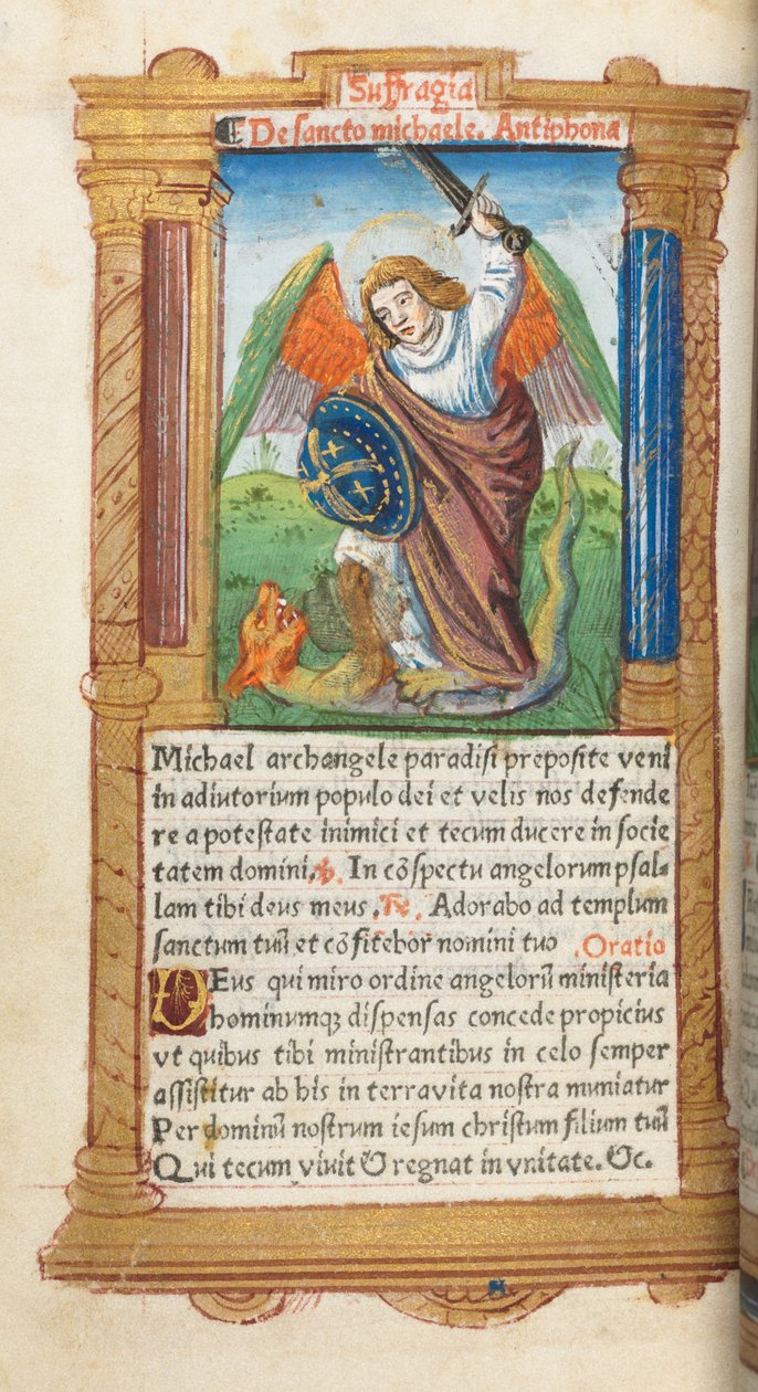 Drukowana księga godzin (do użytku rzymskiego): fol. 97v, św. Michał Archanioł autorstwa Guillaume Le Rouge