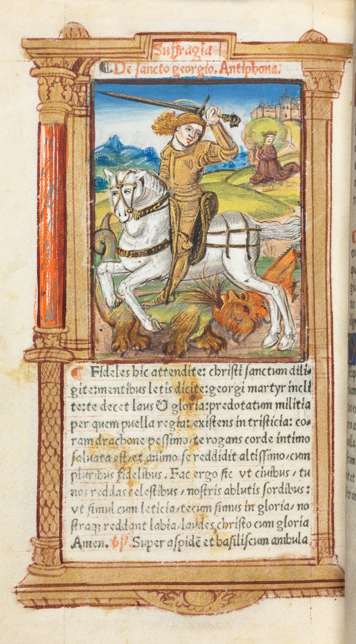 Drukowany Księga Godzin Korzystanie z Rzymu: fol. 103v, Św. Jerzy zabijający smoka, 1510. autorstwa Guillaume Le Rouge