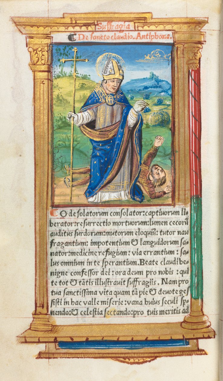 Drukowany Księga Godzin Korzystanie z Rzymu: fol. 105v, św. Klaudiusz jako biskup, 1510. autorstwa Guillaume Le Rouge