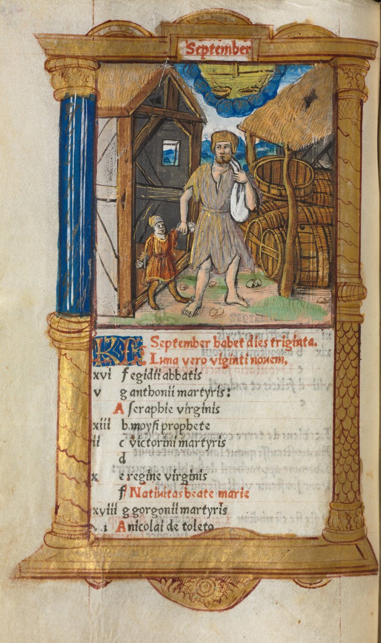 Drukowany Księga Godzin Korzystanie z Rzymu: fol. 10v, ilustracja kalendarza września, 1510. autorstwa Guillaume Le Rouge