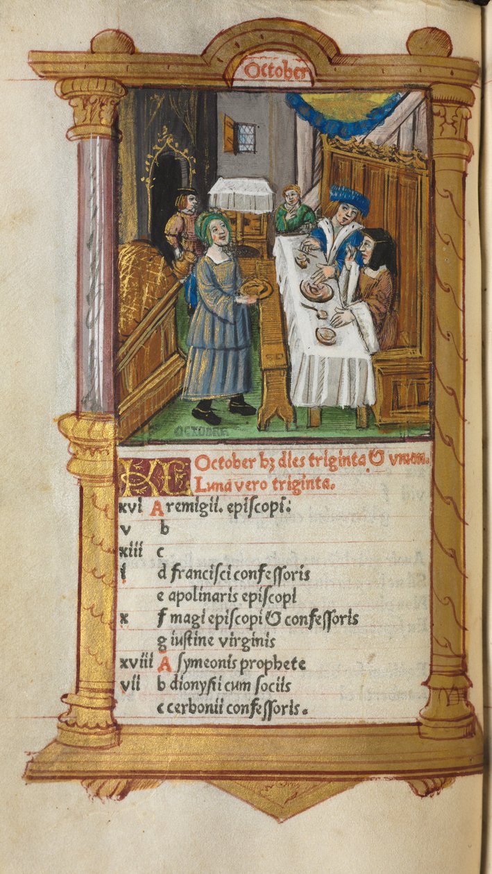 Drukowany Księga Godzin Korzystanie z Rzymu: fol. 11v, październikowa strona kalendarza, 1510. autorstwa Guillaume Le Rouge