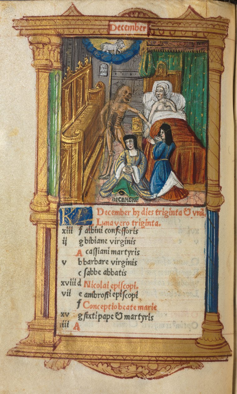 Drukowany Księga Godzin Korzystanie z Rzymu: fol. 13v, grudniowa strona kalendarza, 1510. autorstwa Guillaume Le Rouge