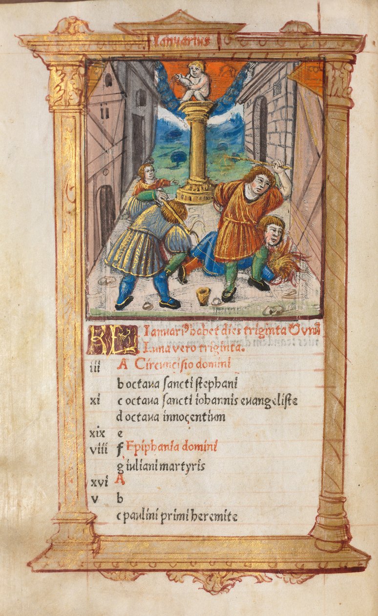 Drukowany Księga Godzin Korzystanie z Rzymu: fol. 2v, ilustracja kalendarza stycznia, 1510 r. autorstwa Guillaume Le Rouge