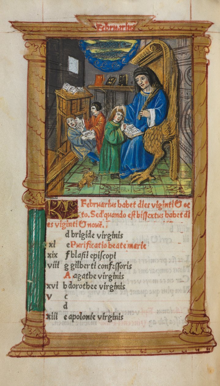 Drukowany Księga Godzin Korzystanie z Rzymu: fol. 3v, ilustracja kalendarza lutego, 1510 r. autorstwa Guillaume Le Rouge