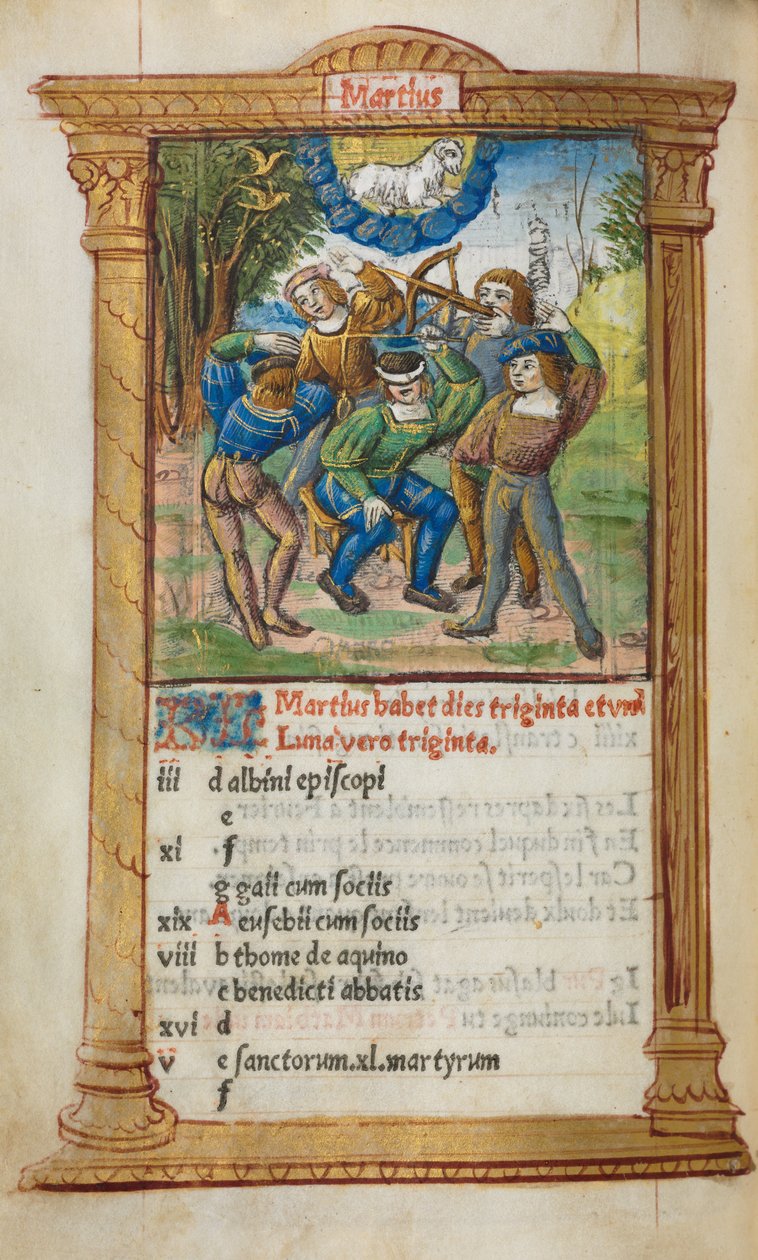 Drukowany Księga Godzin Korzystanie z Rzymu: fol. 4v, ilustracja kalendarza marcowego, 1510 r. autorstwa Guillaume Le Rouge