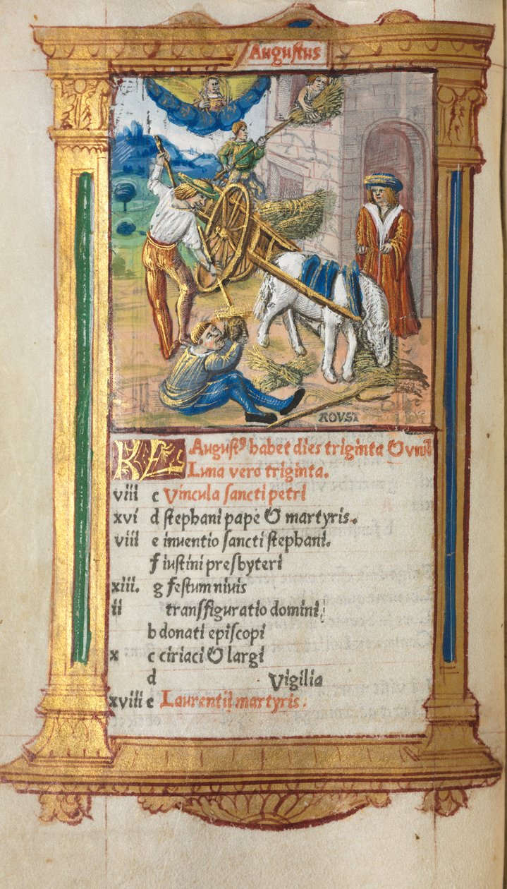 Drukowany Księga Godzin Korzystanie z Rzymu: fol. 9v, ilustracja kalendarza sierpnia, 1510 r. autorstwa Guillaume Le Rouge