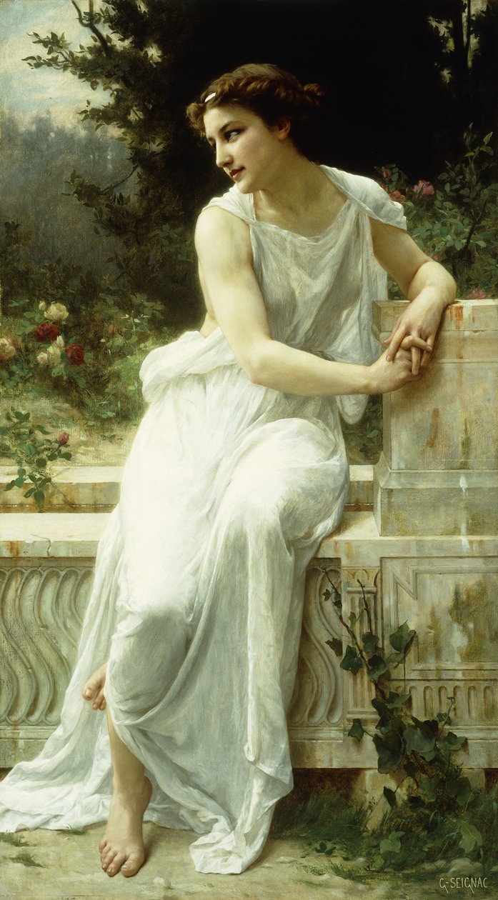 Dziewczyna z Pompejów w ogrodzie; Młoda dziewczyna z Pompejów w ogrodzie, autorstwa Guillaume Seignac
