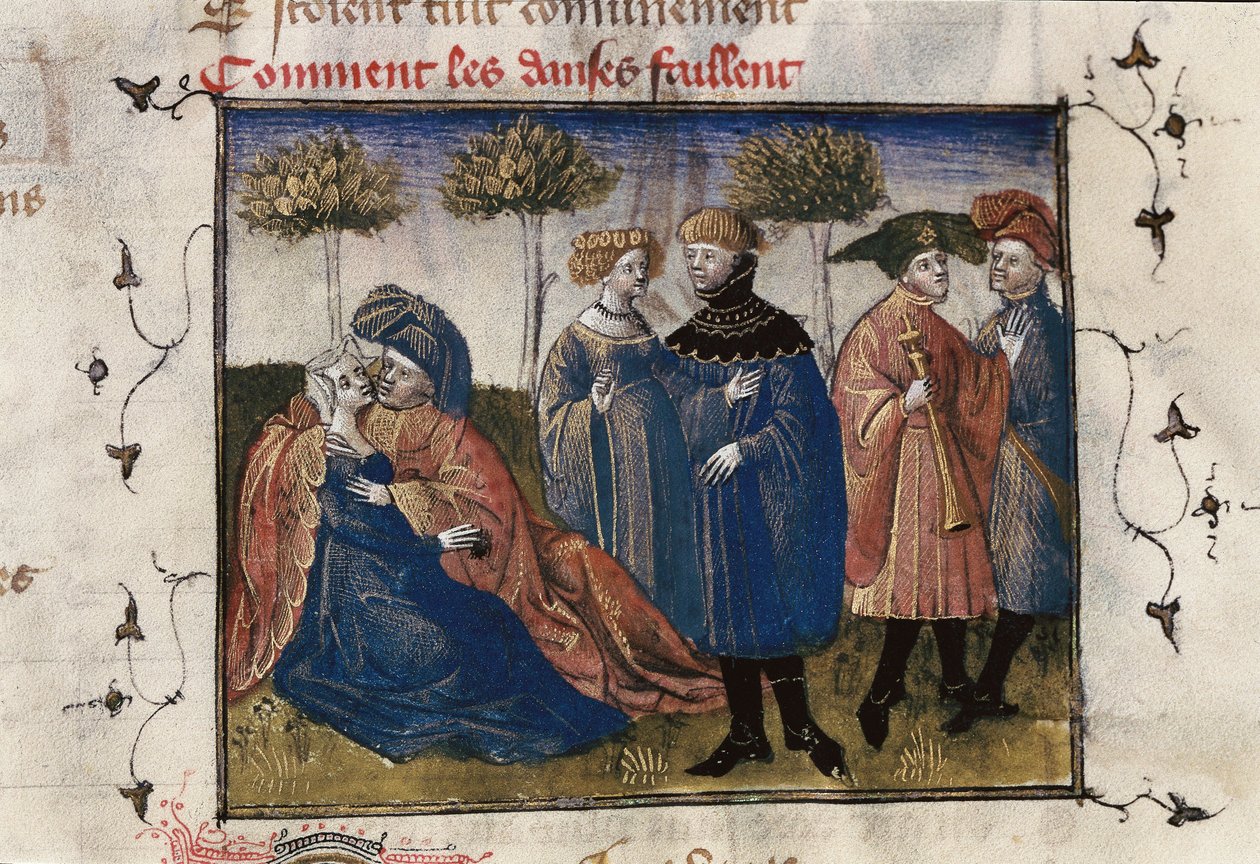 Waleczna scena dworzan, miniatura w „Roman de la Rose” Guillaume Lorris autorstwa Guillaume de Lorris