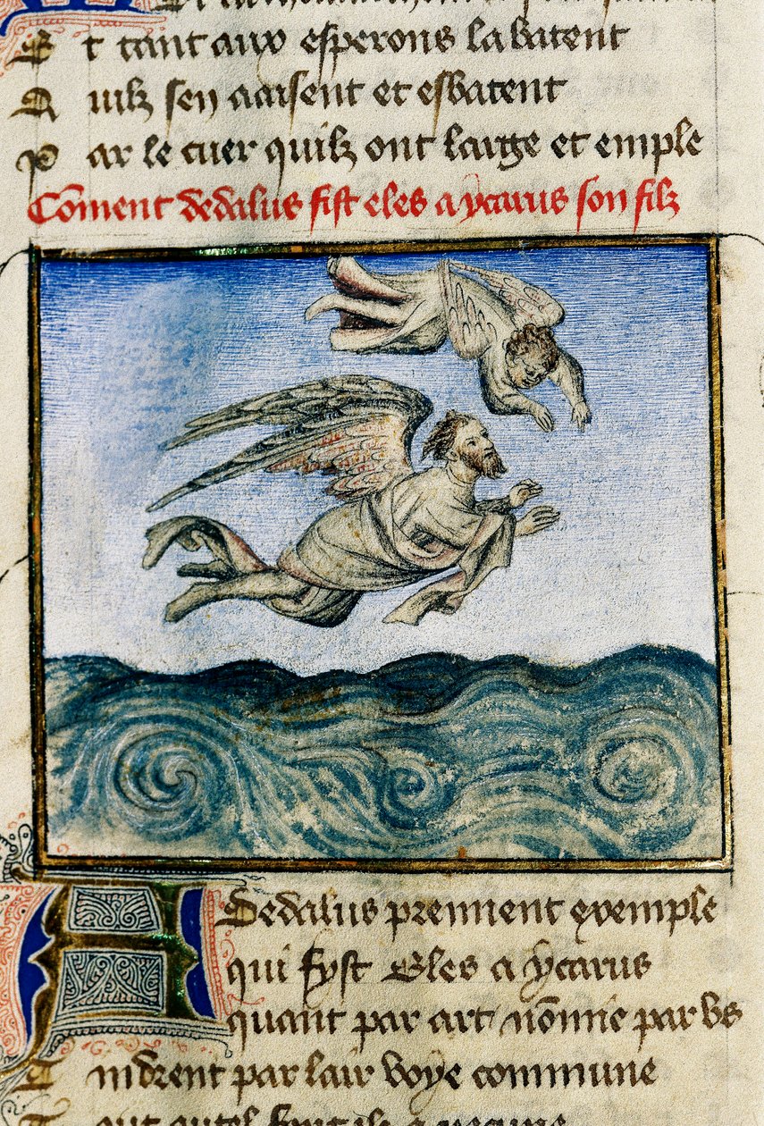 „„ Dedale i Icarus ”” (Icarus i Dedal) Aby uciec na Minos, Dedale popycha swojego syna Ikara, aby odleciał dzięki swoim woskowym skrzydłom. Miniatura Guillaume Lorris z rękopisu „Rzymka róży” autorstwa Guillaume de Lorris