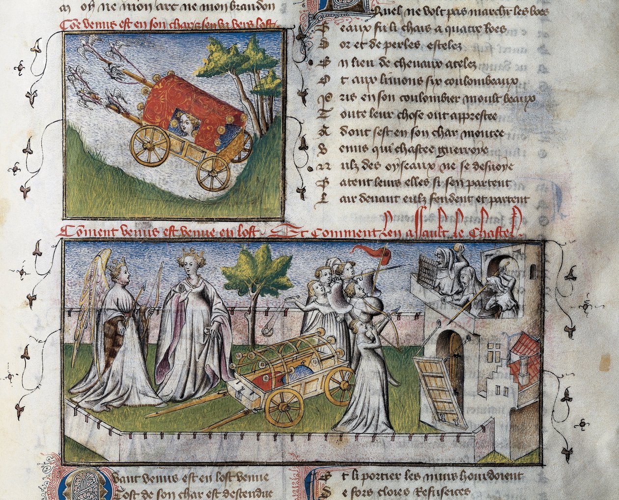 Jak Wenus przybywa i szturmuje zamek zbudowany z zazdrości, Miniatura Guillaume Lorris z rękopisu Le Romanesque de la Rose, autorstwa Guillaume de Lorris