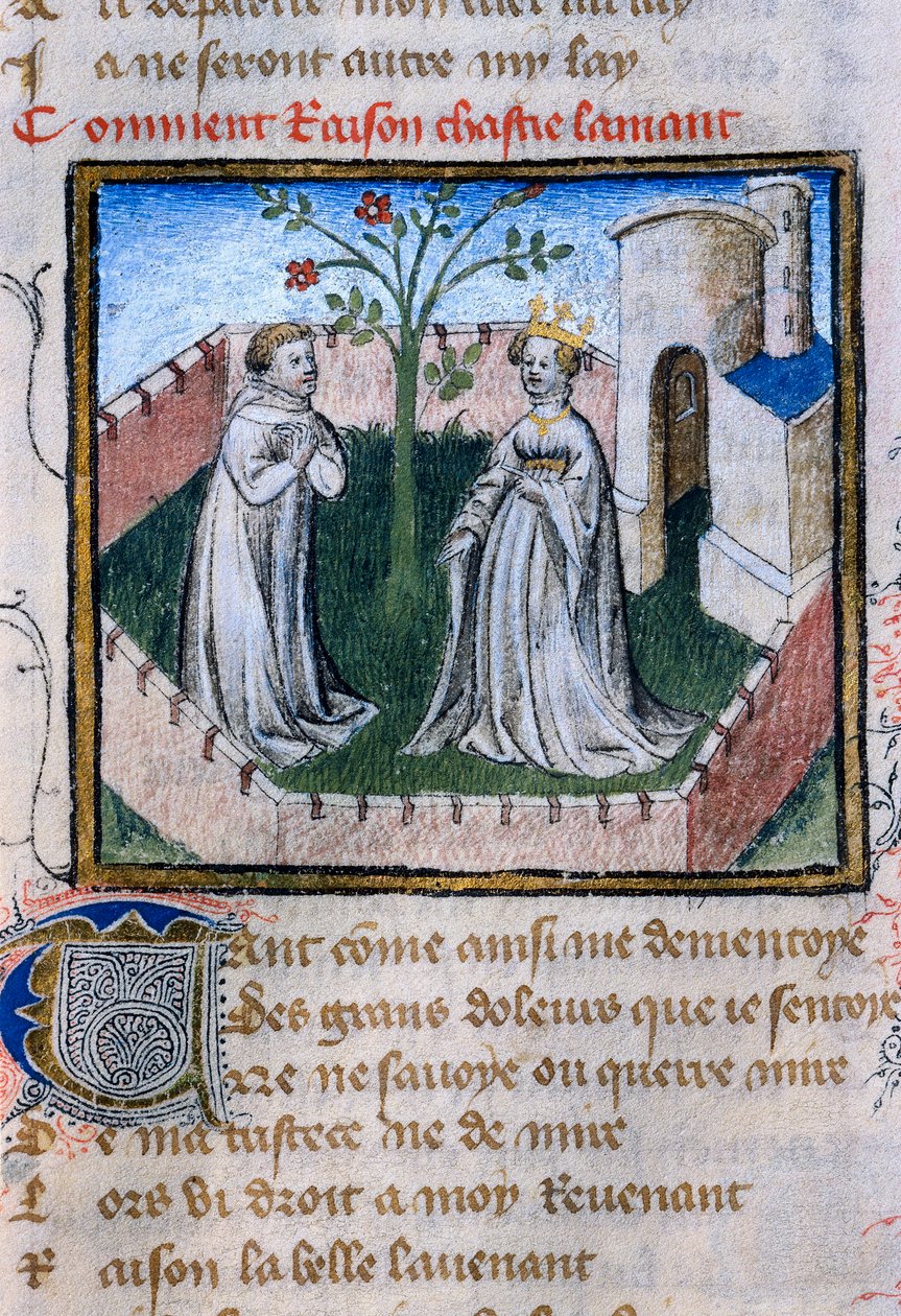 Przedstawienie pary zakochanych przy róży, miniatura w „Roman de la Rose” autorstwa Guillaume de Lorris