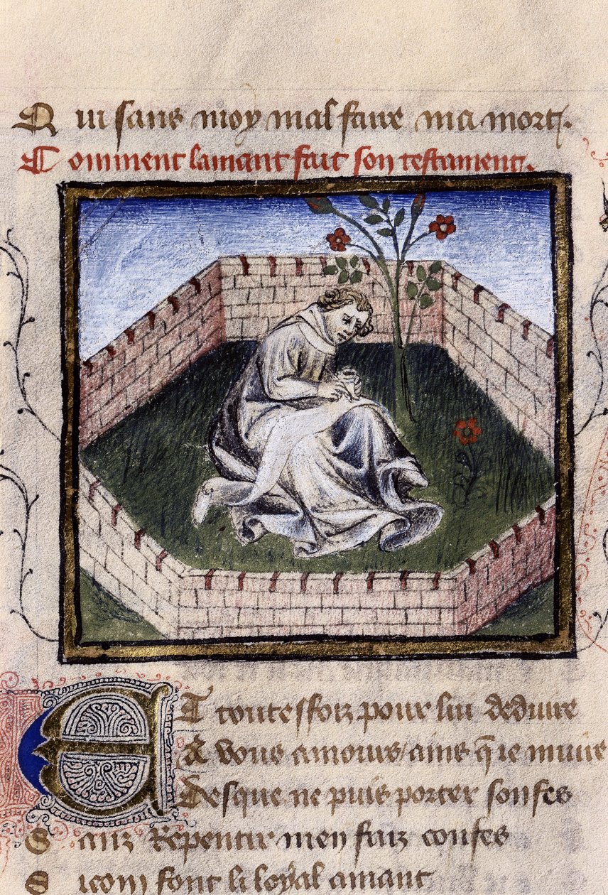 Przedstawienie zakochanego chłopca w ogrodzie rozkoszy odkrywającego fontannę Narcyza, miniatura w „Roman de la Rose” Guillaume Lorris autorstwa Guillaume de Lorris