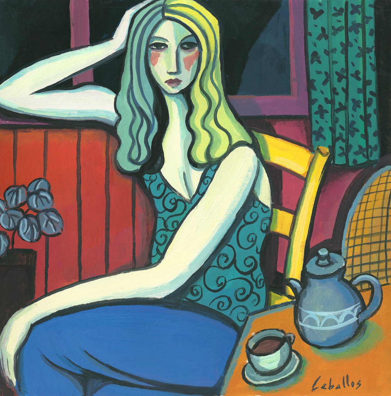 Dziewczyna pijąca herbatę, 2008 (gwasz na papierze) autorstwa Guillermo Martí Ceballos